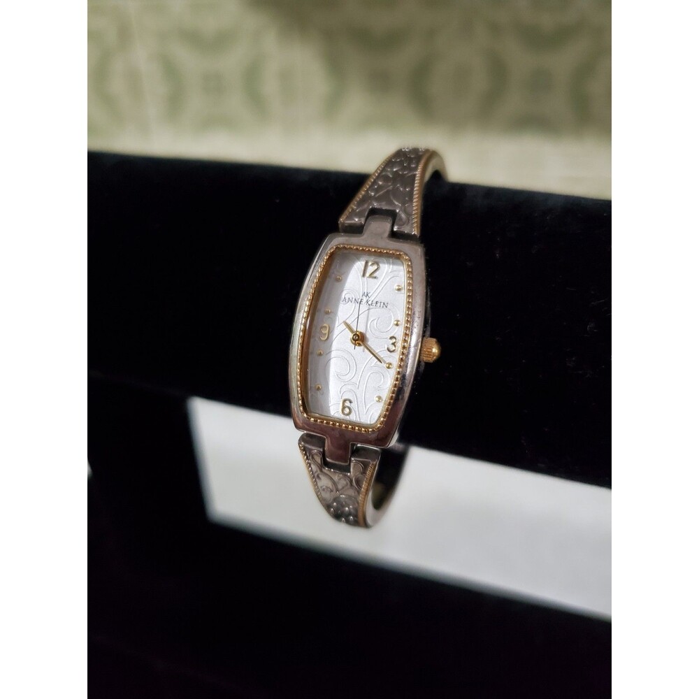 Anne Klein Womens Floral Watch Champagne Dial Gold/Silver Tone Rectangle